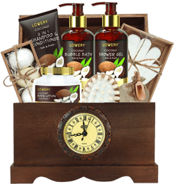 Mens Gift, Bath Set in a Vintage Style Wooden Clock Box, 13Pc Premium Coconut Spa Kit for Men & Women, Body Lotion, Handmade Soap, Bath Bomb, Coconut Shampoo & Conditioner, Massager & More