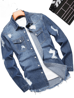 Manfinity LEGND Men Ripped Frayed Raw Hem Denim Shirt Without Tee, Oversize Long Sleeve Button Up Blue  Rapper Denim Shirt