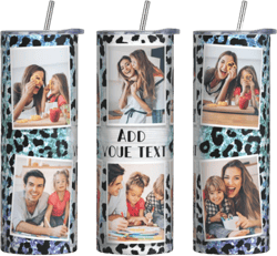 Personalized Skinny Tumbler with Text and Photos, 20 oz Double-Walled Stainless Steel Tumblers with Lid and Straws, Custom Coffee Cup Gifts for for Women, 6 Photos Leopard Glitter