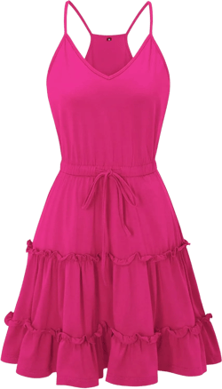 Newshows Women's 2025 Summer Dress Spaghetti Strap Casual Boho Beach Vacation Outfits Drawstring Ruffle Hem Sundress Trendy Rose Red Small