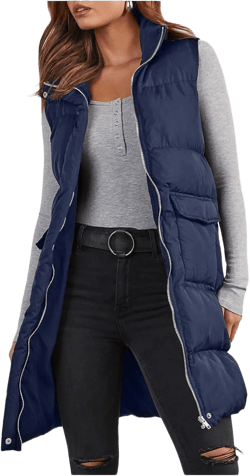 Long Puffer Vest Women Zipper Sleeveless Quilted Vests Oversized Down Jacket Thickened Warm Fall Winter Coats Pockets Medium Navy