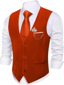 Barry.Wang Men's Velvet Suit Vest Blazer Orange Sport Coat Brooch Waistcoat Tuxedo Set for Prom Wedding Party Dinner Lightweight S