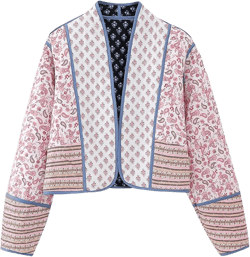 InterNos Womens Reversible Puffer Jacket Vintage Open Front Floral Printed Lightweight Quilted Coats Medium Pink