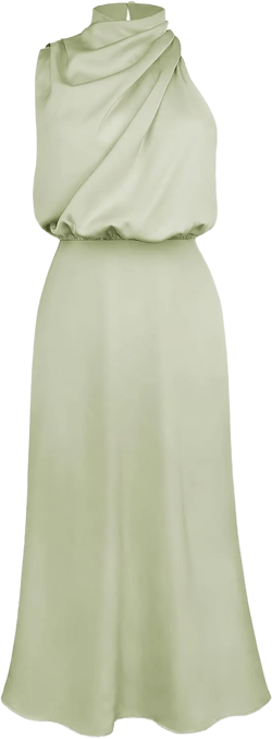 ebossy Women's Elegant Pile Collar Sleeveless Satin Celebrity Evening Party Maxi Dress Medium Light Green