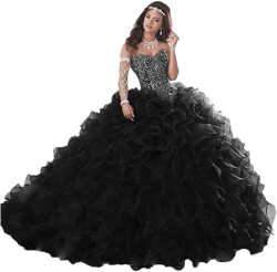 Women's Heavy Beaded Sweetheart Ball Gowns Dresses Organza Ruffles Quinceanera Dresses for Sweet 16 22 Plus Black