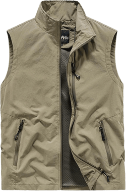 Fishing Vest for Mens Lightweight Zip Up Jacket Outdoor Work Hiking Safari Travel Golf Vest with Pockets A# Khaki X-Large