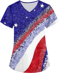 HTHLVMD Scrub Shirts for Women Printed Funny V Neck Oversized Summer Tee Shirt 2024 Casual Pocketed Work Uniform Silm Fit, 5X-Large, #01 Patriotic Flag