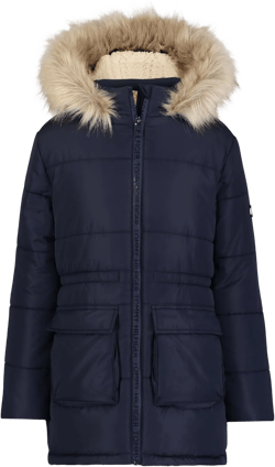 Tommy Hilfiger Girls' Long Length Heavyweight Puffer Jacket with Polar Fleece Lining & Faux Fur Hood 4 Anorak Navy