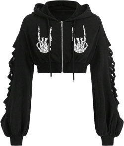 WDIRARA Women's Skeleton Skull Graphic Print Hoodie Drop Shoulder Drawstring Sweatshirt Zipper Up Long Sleeve Crop Top