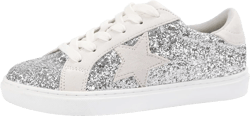 PARTY Women's Fashion Star Sneaker Lace Up Low Top Comfortable Cushioned Walking Shoes 9 Silver Glitter Suede