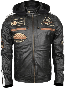 LP-FACON Mens Vintage Motorcycle Patches Retro Stripes Cafe Racer Biker Leather Jacket | Detachable Hood