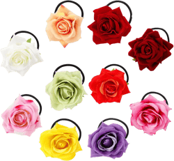 Lawie 10 Pack Colorful White Red Cloth Fabric Rose Flower Hair Ties Stretchy Floral Bow Hair Tie Ponytail Holder Elastic Hair Band Scrunchies Decorative Hair Accessories for Women Girls Wedding Bridal