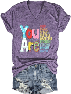 Teacher Shirts Women You are Kind Brave Smart V Neck Graphic Tees First Day Back to School Motivation Teacher T-Shirt Purple XX-Large
