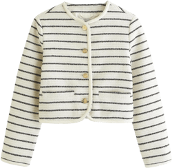 Women's Tweed Jackets Long Sleeve Crew Neck Button Down Cropped Jacket Coat with Pockets