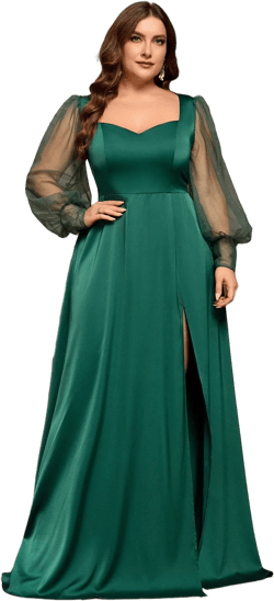 SHEIN Belle Plus Size Women's Elegant Romantic Dark Green Satin Patchwork Rhinestone Mesh Transparent Sweetheart Neck Long Sleeve High Slit A-Line Maxi Dress For Wedding Party Formal Bridesmaid Gown For Christmas