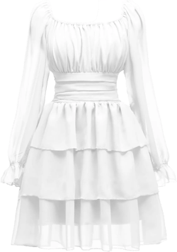 OBBUE Women's Summer Dress Tie Back Square Neck Aline Long Sleeve Layered Swing Mini Dresses Medium White