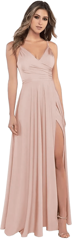 Alikey Satin Bridesmaid Dresses Long with Pockets A line Prom Dresses for Women V Neck Formal Evening Gowns with Slit Rose Gold