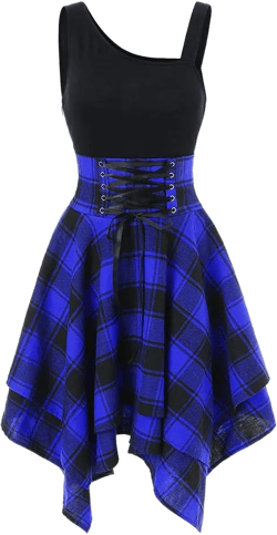 Skater Dresses for Women,Summer Casual Lace-up Gingham Tank Dress High Waist Pleated Dress for School Girl X-Large D-blue