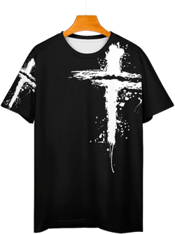 HOTYD Men Shirt Vintage Oil Painting Faith Jesus Cross Print Casual T-Shirts Crewneck Short Sleeve Christian Shirts for Men 3X-Large 33 Black