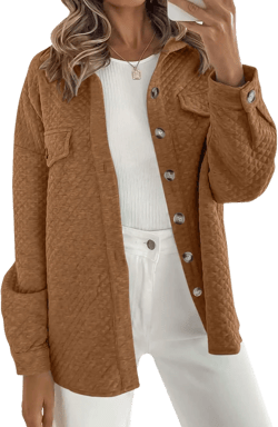 ZESICA Women's Casual Long Sleeve Button Down Loose Lightweight Shacket Shirt Jacket Coat Outerwear with Pockets Tan X-Large