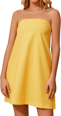 Women's Strapless Tube Dress Off Shoulder Loose Fit Mini Dress Solid Casual Backless Tunic Short Dress with Pockets Small Yellow