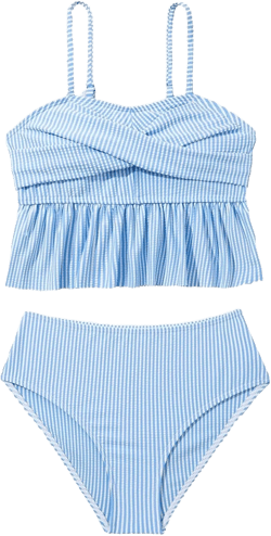 Milumia Girl's 2 Piece Striped Swimsuits Twist Front Ruffle Cami Top Cute Bikini Sets Blue 11Y