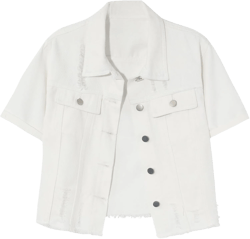 Gacaky Womens Short Sleeve Denim Jacket Lapel Frayed Washed Button Down Cropped Trucker Jean Jacket Coats White X-Large