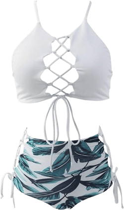 Women African Backless Bikini High Waist Tankini Bathing Suit Strap Swimsuit Set White Small