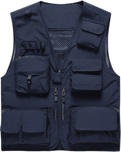 Flygo Men's Casual Lightweight Outdoor Fishing Work Safari Travel Photo Cargo Vest Jacket Multi Pockets Large Navy Blue
