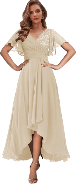 Women's Lace Mother of The Bride Dresses for Wedding High Low Formal Gown with Sleeves V Neck Evening Dress : Clothing, Shoes & Jewelry