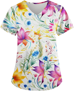 Scrubs Women V Neck Floral Printed Scrubs Tops Short Sleeve Blouses Soft Stretch Working T-Shirts with Pocket