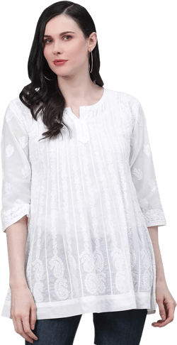 Ada Indian Hand Embroidered Chikankari Cotton Top Tunic Blouse Shirt for Women XL911114 White