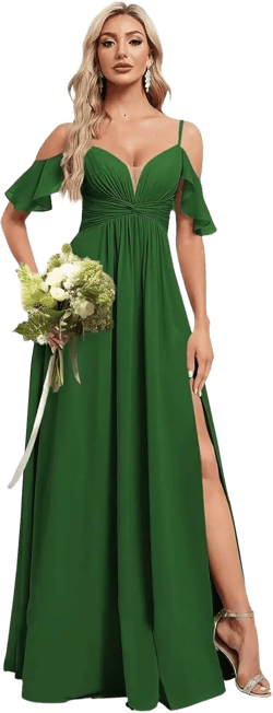Dessiny Off The Shoulder Bridesmaid Dresses for Women with Slit A Line Chiffon Long Formal Party Dress with Pockets DE01 10 Emerald Green