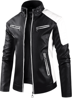 Mens Motorcycle Jacket Stand Collar Faux Leather Racing Jackets Lightweight Color Block Biker Coat Black and White X-Large