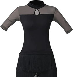 Whitewed Women's High Neck Elbow Lenth Key Hole Front Sheer Mesh Yoke Top Latin Ballroom Dance Tops 2-4 Black