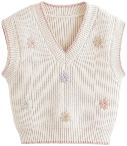 marc & janie Girls 3D Flower Knitted Sweater Vest Sleeveless V Neck Sweater Loose Soft Tops 241037 Off-white 3-4T