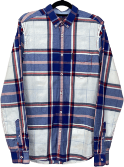 Ben Sherman Blue White Red Checkered 100% Cotton Long Sleeve Button Up Business Polo Dress Shirt S C100