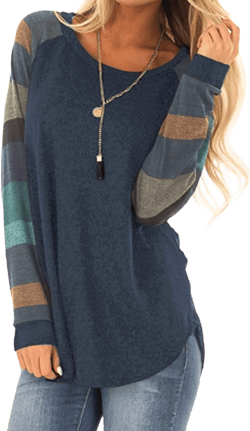 Halife Women's Lightweight Color Block Long Sleeve Loose Fit Pullover Sweatshirts Tunics Tops Shirts XX-Large Navy Blue