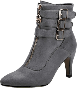 IDIFU Women's Buckle Strap Ankle Booties 3 Inch Pointed Toe Zipper Heels Dress Jeans Boots 7 Gray Suede