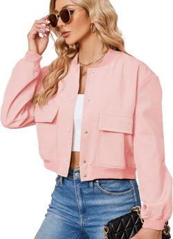 Zando Bomber Jacket Women 2025 - Short Cropped Jacket Women Button Down Long Sleeve Casual Varsity Jackets with Pockets Medium Pink