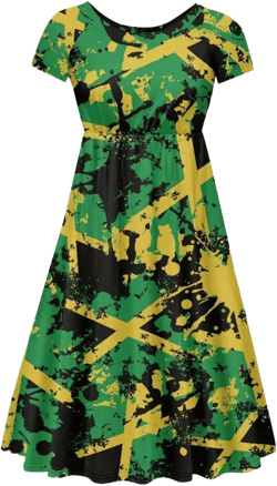 Women Casual Dress Summer Jamaica Flag Print Loose Swing Short Sleeve Knee Length O Neck Elegant Tunic Dress X-Small Jamaica Flag Palm