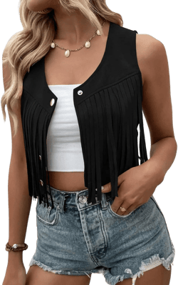 SweatyRocks Women's Suede Fringe Trim Sleeveless Crop Vest Jacket Button Front Coat Large Black