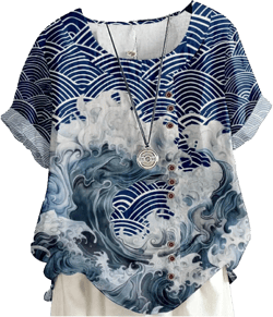 MARSVOVO Women Cotton Tops Floral Tunic Shirt Casual Fashion Comfy Crew Neck Short Sleeve Tee Shirt Vacation Lightweight Cotton Summer Blouse,Blue Wave,5XL