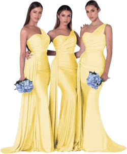 Alikey Mermaid Bridesmaid Dresses Long One Shoulder Satin Prom Dresses for Women Wedding Guest Gowns with Train Yellow