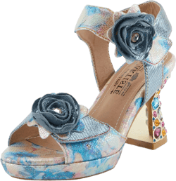 Spring Step L'Artiste Women's SMASHING Metallic Leather Sandals - Opulent Decorative Flowers, Sculpted Jewel Heel, Wearable Art Footwear 9.5-10 Blue Multi