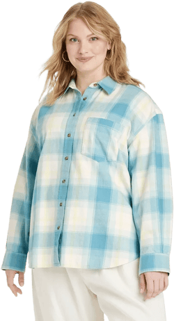 Women&#39;s Oversized Flannel Long Sleeve Collared Button-Down Shirt - Universal Thread&#8482; Blue Plaid 1X: Midweight Cotton Blend, Casual Fit