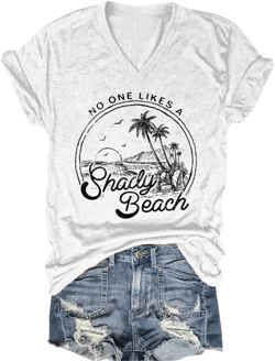 Women Summer Beach Tops Trees Print V Neck Short Sleeve Coconut Tree T Shirt Funny Graphic Tees XX-Large A-white