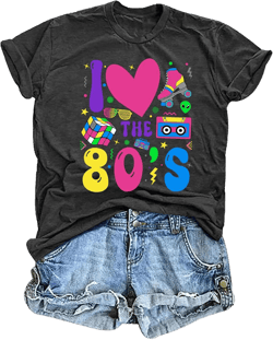 80's Shirts for Women 80s Neon Music Graphic T-Shirt Hip Hop 80S Party Outfits Girls I Love The 80's T-Shirt Darkgrey Medium