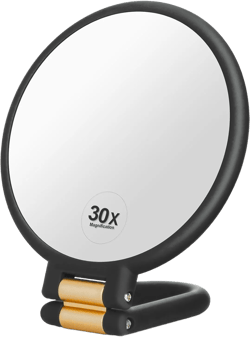 1x 30x Magnifying Travel Mirror, Hand Mirror with Handle - Double Side Hand Held Mirror with 1x30x Magnification & Foldable Handle, Portable Travel Makeup Hand Mirror for Women (Black) Black 30x