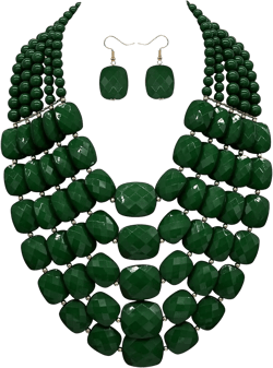 5 Layered Colorful Beaded Statement Chunky Necklaces For Women Fashion African Tribal Costume Jewelry Earring Set Multi Strand Bead Collar Choker Bib Handmade 5 layers Green